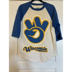 State Of Mind Baseball Shirt, Wisconsin, Size Medium, Blue And White And Yellow
